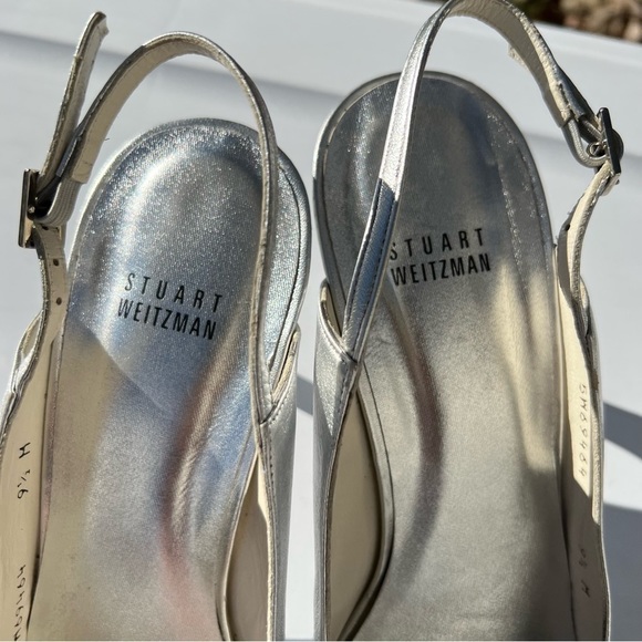 STUART Weitzman peep toe sling back silver high heels Sz 9.5 M - Picture 6 of 13